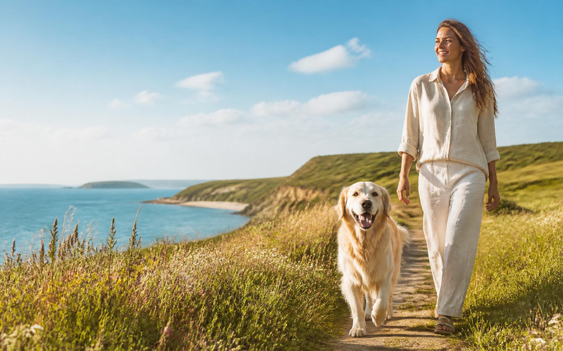 A woman walking her golden retriever on a shaded UK coastal path at golden hour