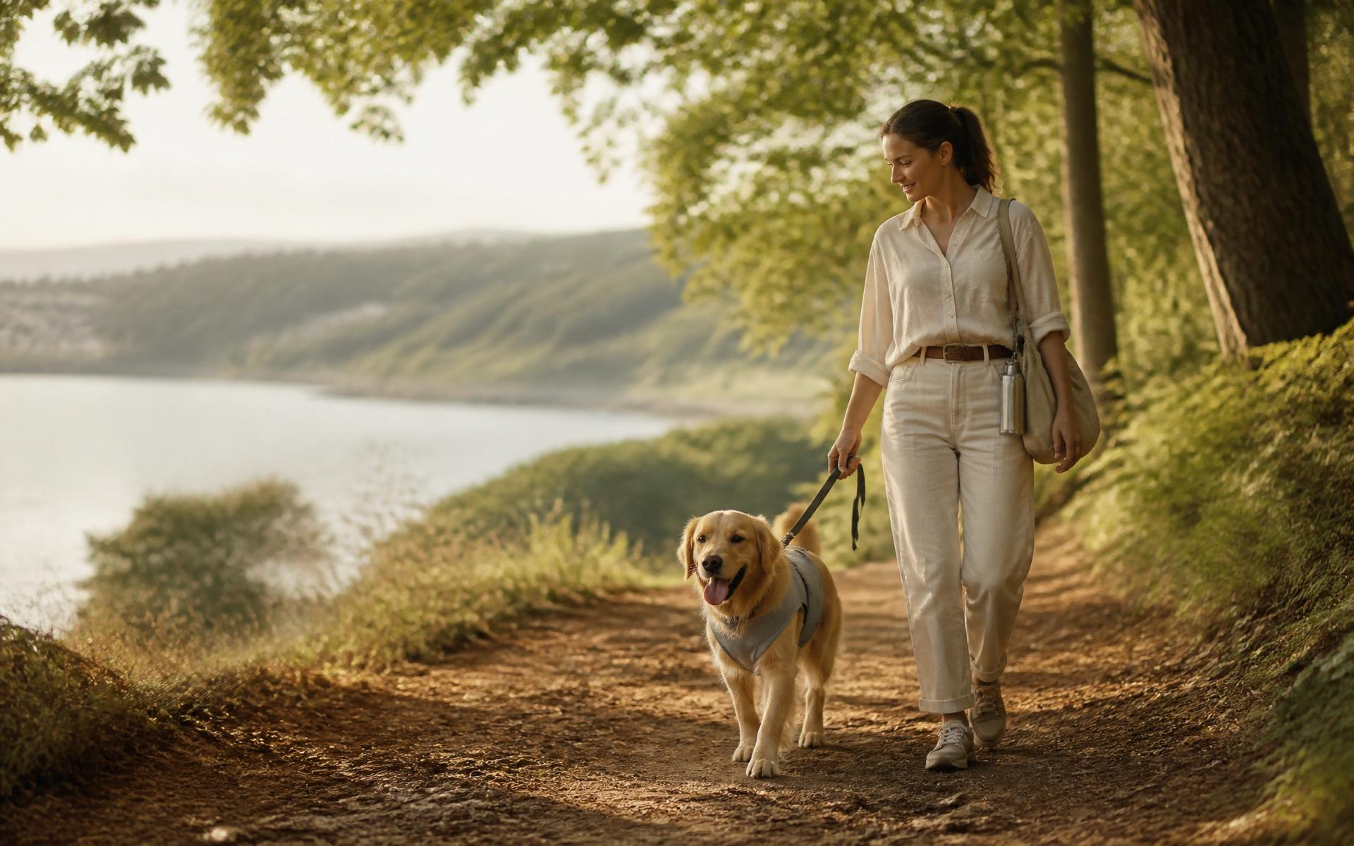 A dog walking on a bright, grassy summer morning